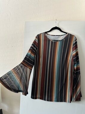 Crazy Train Multi-Striped Bell-Sleeve Tunic in Teal, Brown & Rust